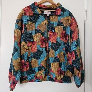 Rhoda Lynne Womens Jacket L Silk Bomber Patchwork Print Floral Colorful Retro